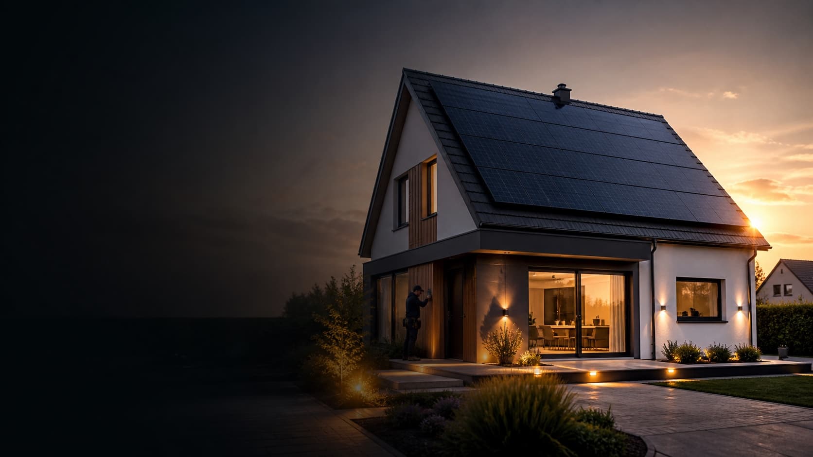 Modernes Wohnhaus mit Photovoltaikanlage bei warmem Abendlicht